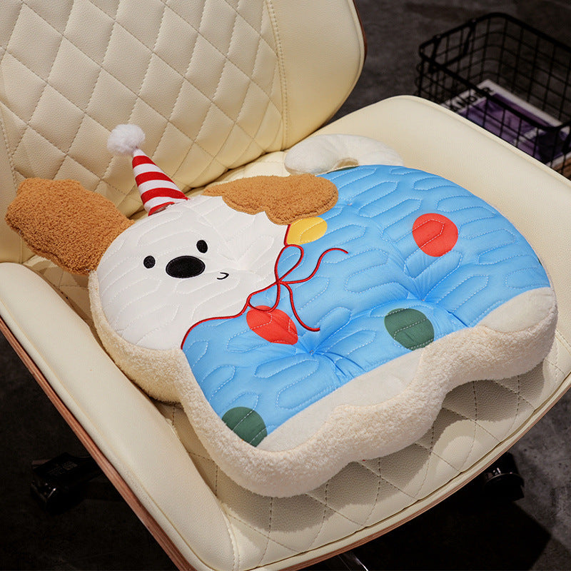 Padded plush dog-shaped cushion with ergonomic seating recess