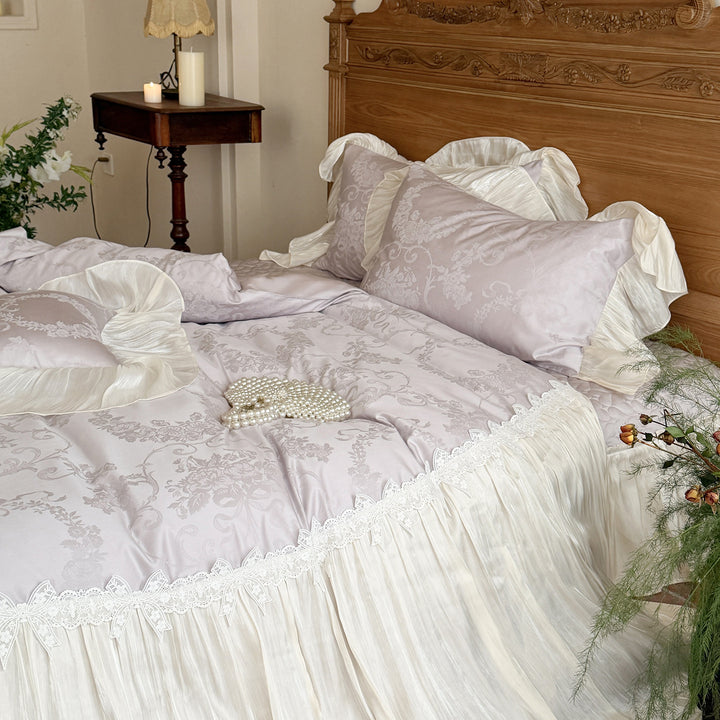 Luxurious satin jacquard bedding set with pleated bed skirt and fine lace trim