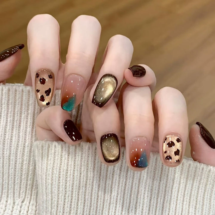 Artistic Press-On Nails with Unique Animal Print Design