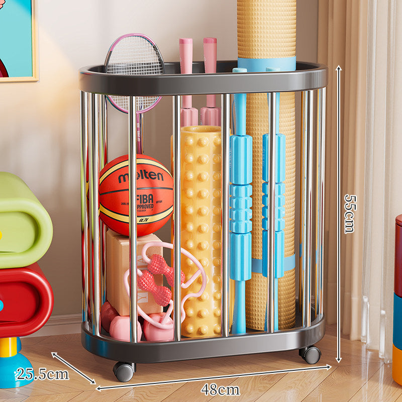 Vertical Rolling Sports Gear Storage Organizer with Cylindrical Metal Bar Frame and Casters