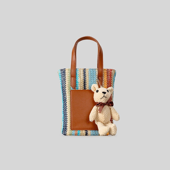 Playful Woven Tote Bag with Teddy Bear Detail