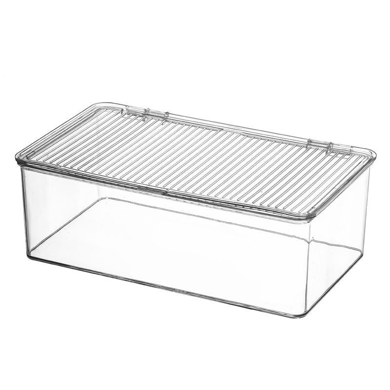 Plastic storage box with ribbed clip lid and stackable design