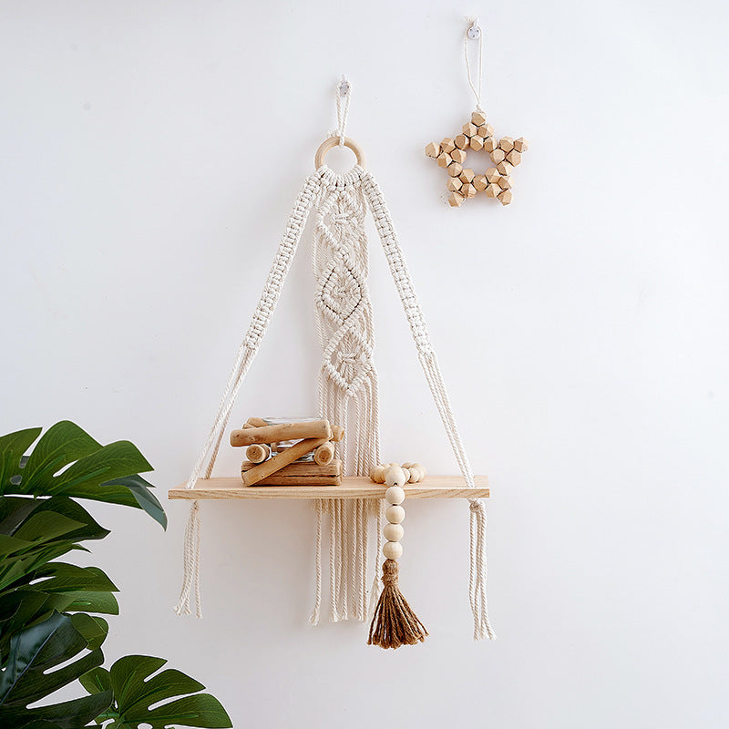 Macramé Hanging Shelf with Natural Wood Base Kalsten