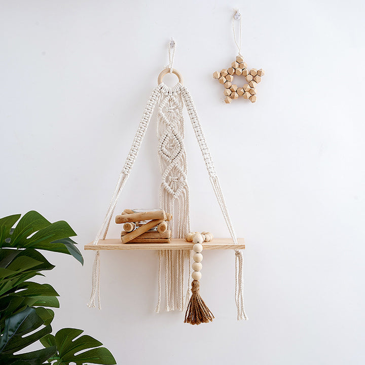 Macramé Hanging Shelf with Natural Wood Base Kalsten