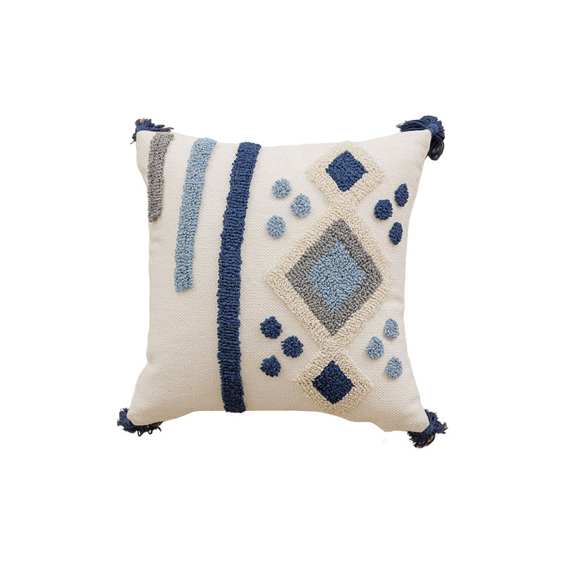 Tufted Dot Pattern Cotton Throw Pillow with Tassel Corners and Removable Zip Cover