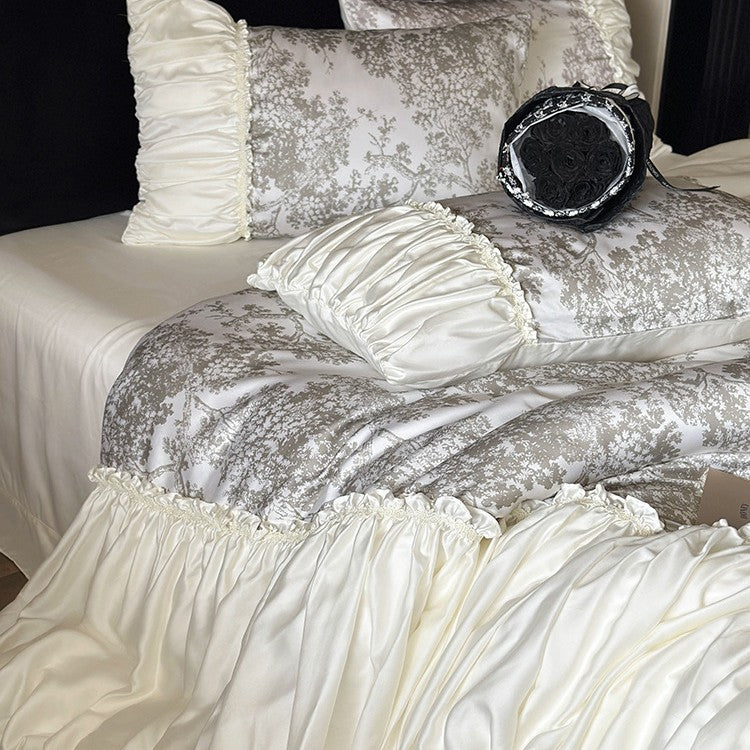 Premium cotton satin duvet cover set with ruffled frill and decorative bed skirt