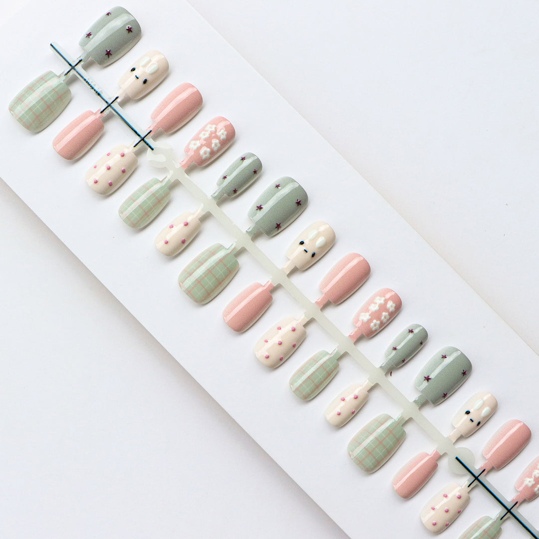 Artistic Press-On Nail Set with Floral and Geometric Designs
