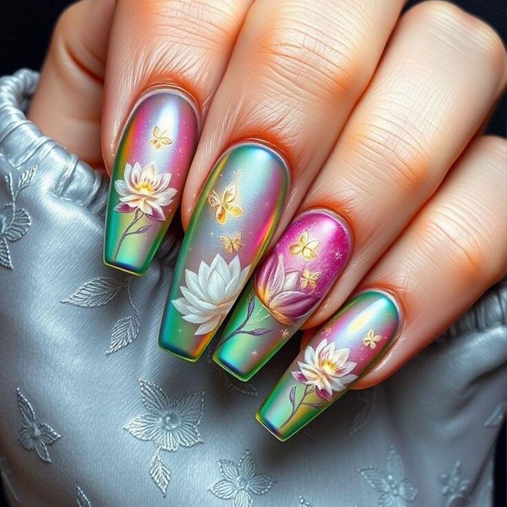Artificial nails with elegant floral pattern and high-gloss finish Kalsten