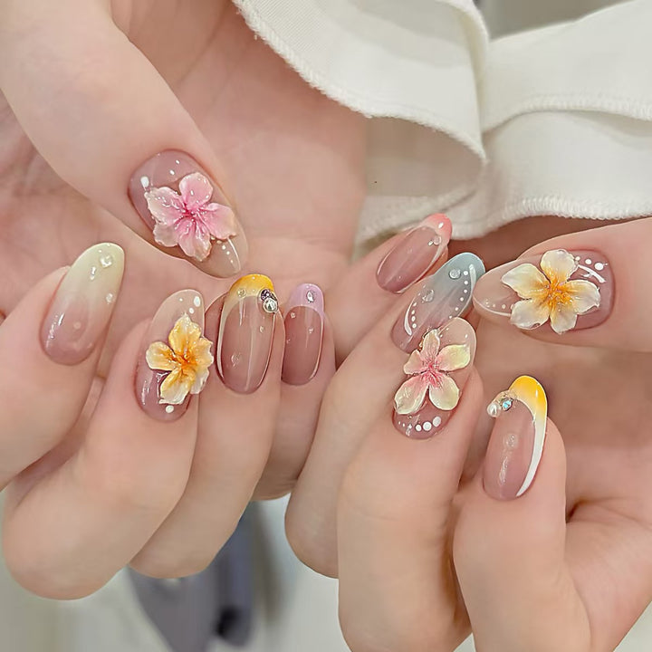 Artistic Press-On Nail Set with Floral and Ombré Designs Kalsten
