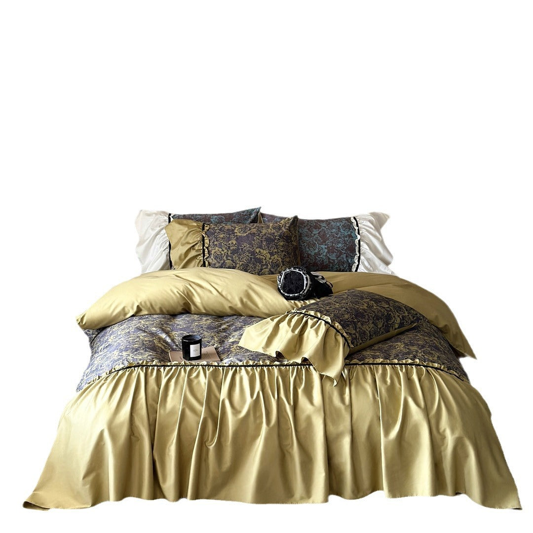 Reversible luxury bedding set made of cotton satin with gathered ruffle, floral jacquard inner side and contrasting velvet piping