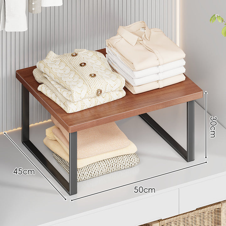 Compact Wooden-Top Metal Shelf Riser for Closet and Countertop