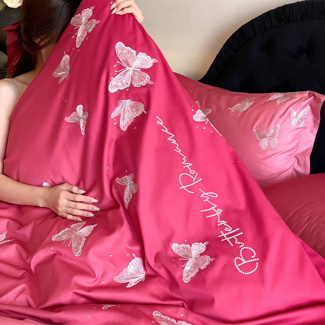 Luxury satin bedding set with embroidered butterfly appliqués Kalsten