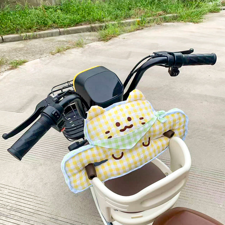Plush handlebar cover for electric scooter with integrated hand warmer and cute cat design