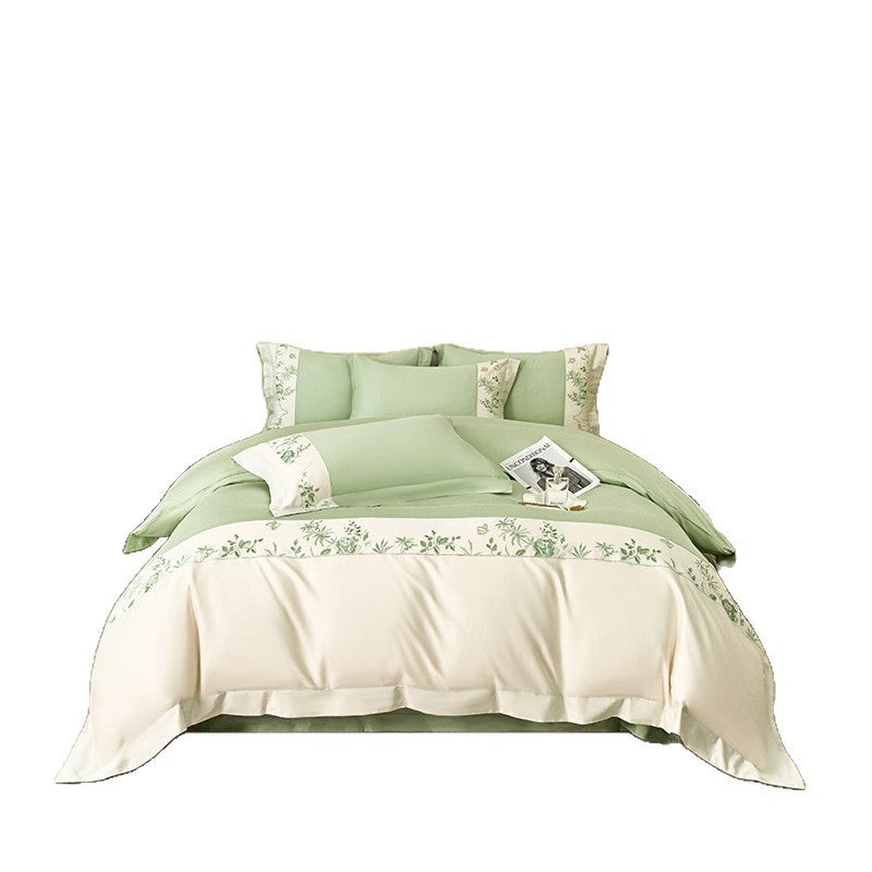 Luxurious bedding set with embroidered border and satin look