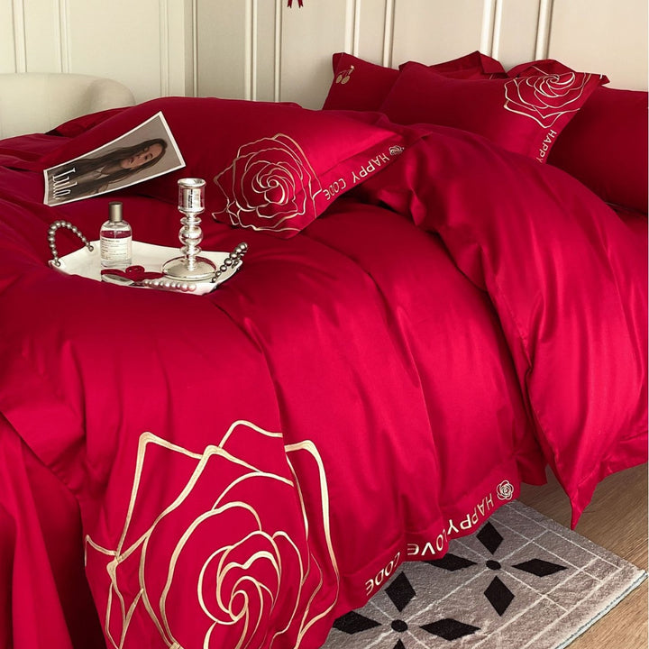 Luxurious cotton satin bedding set with rose embroidery