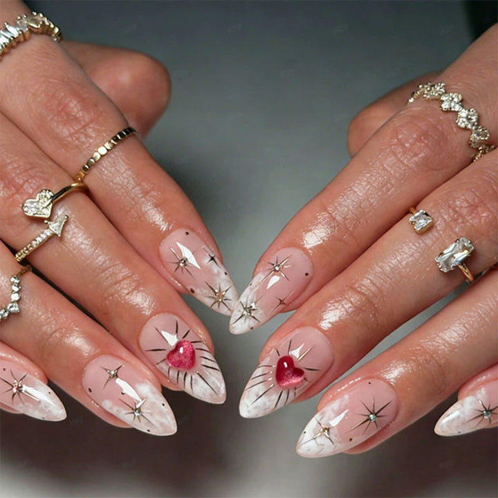 Artistic Stiletto Press-On Nails with Heart Accents