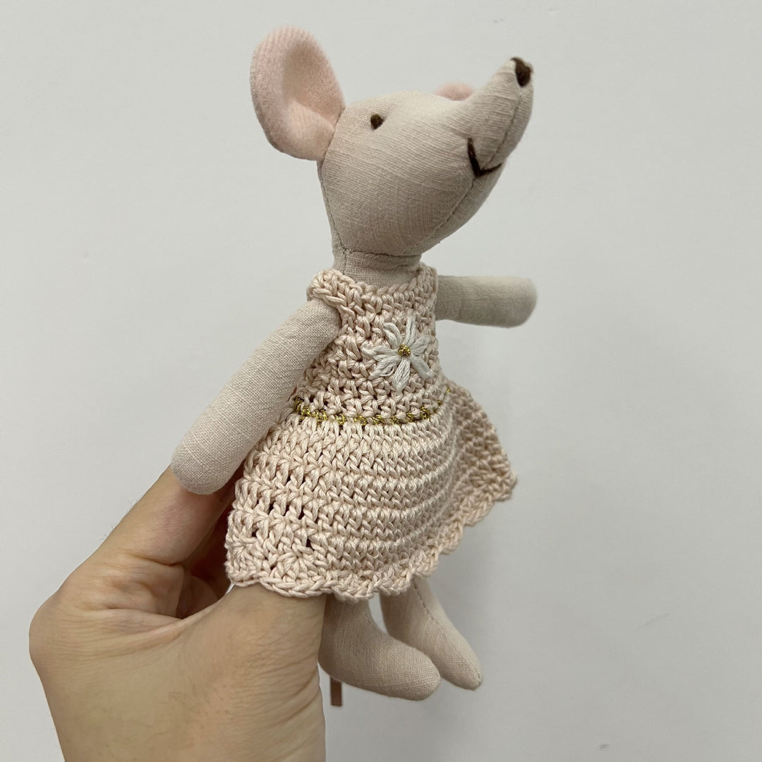 Miniature Hand-Sewn Linen Mouse Soft Toy with Crocheted Dress