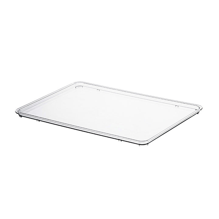 Flat transparent acrylic storage lid with sealing lip and elevated stand feet