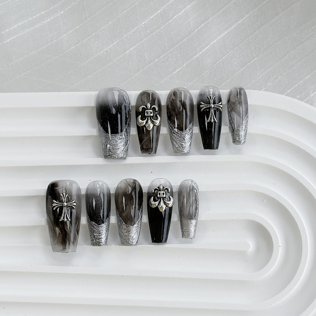 Artistic Press-On Nail Art Set with Heart and Celestial Designs