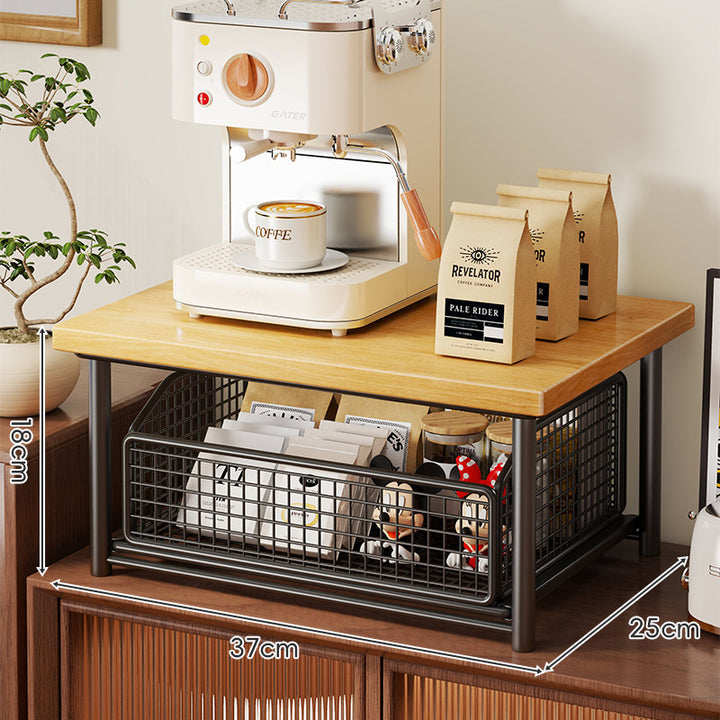 Countertop Wooden-Top Sliding Mesh Storage Basket Organizer with Metal Frame