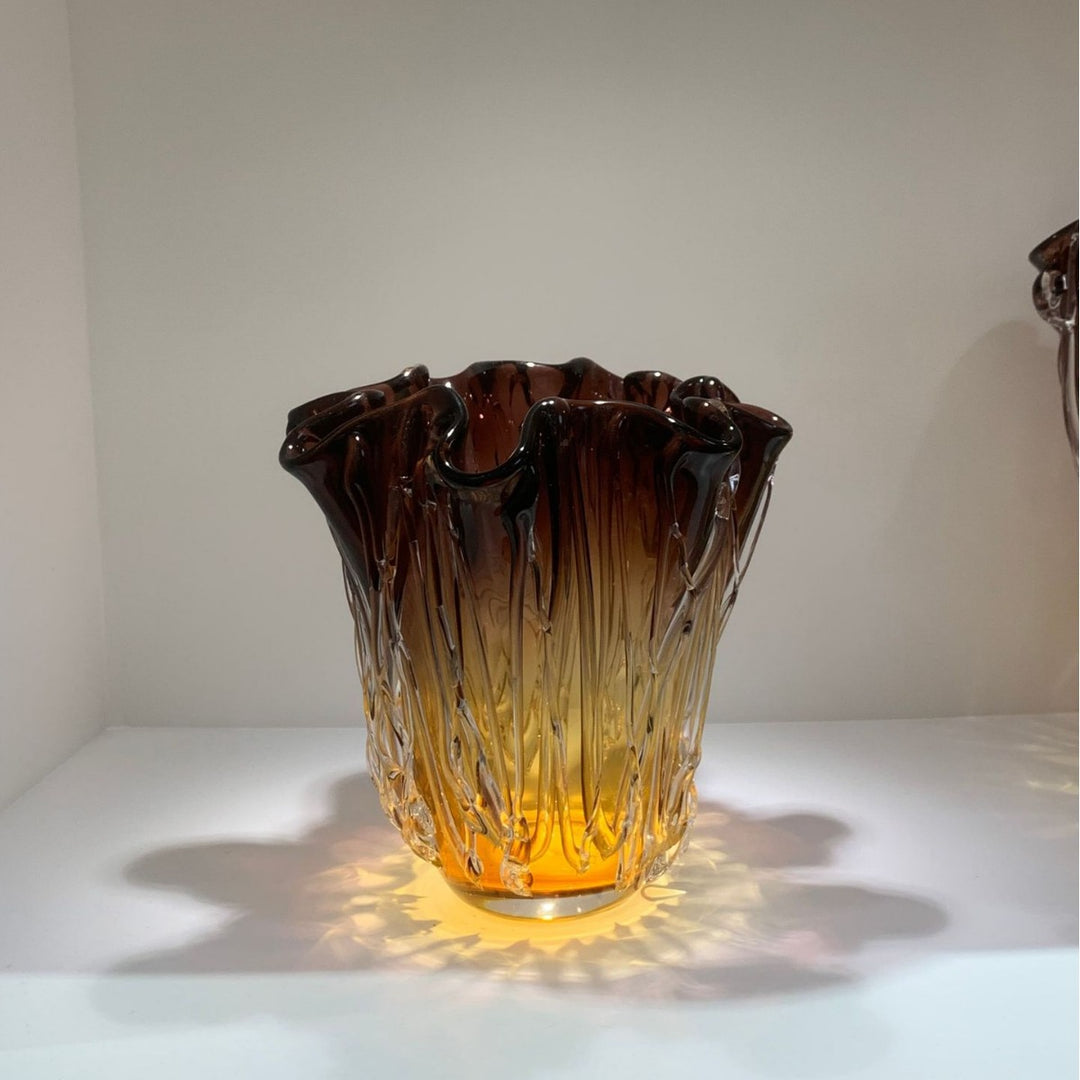 Handblown Textured Ruffled-Rim Gradient Glass Vase Set Kalsten