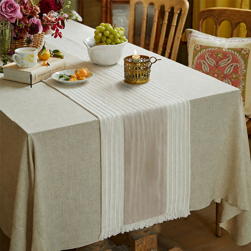 Woven table runner made of cotton blend with textured waffle weave and contrasting center strip Kalsten