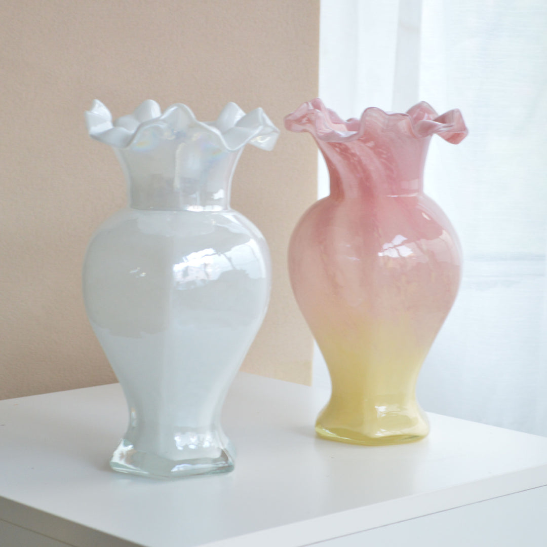 Hand-Blown Ruffled-Rim Art Glass Vase with Ombre Pink Ivory Finish Kalsten