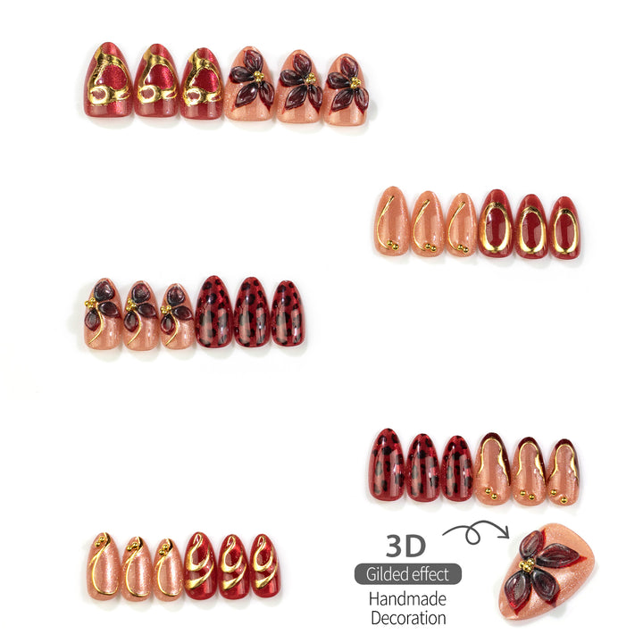 Artistic Press-On Nail Set with Floral and Metallic Accents