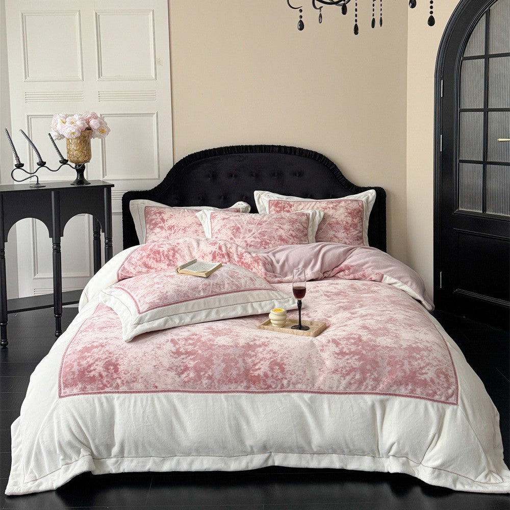 Luxurious velvet bedding set with floral texture and quilted edge