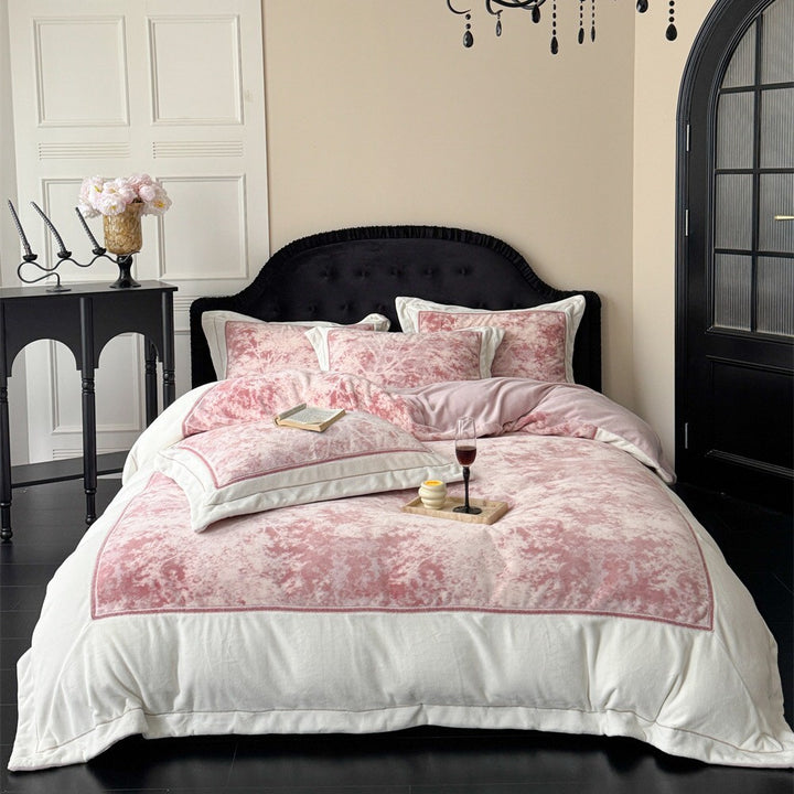 Luxurious velvet bedding set with floral texture and quilted edge