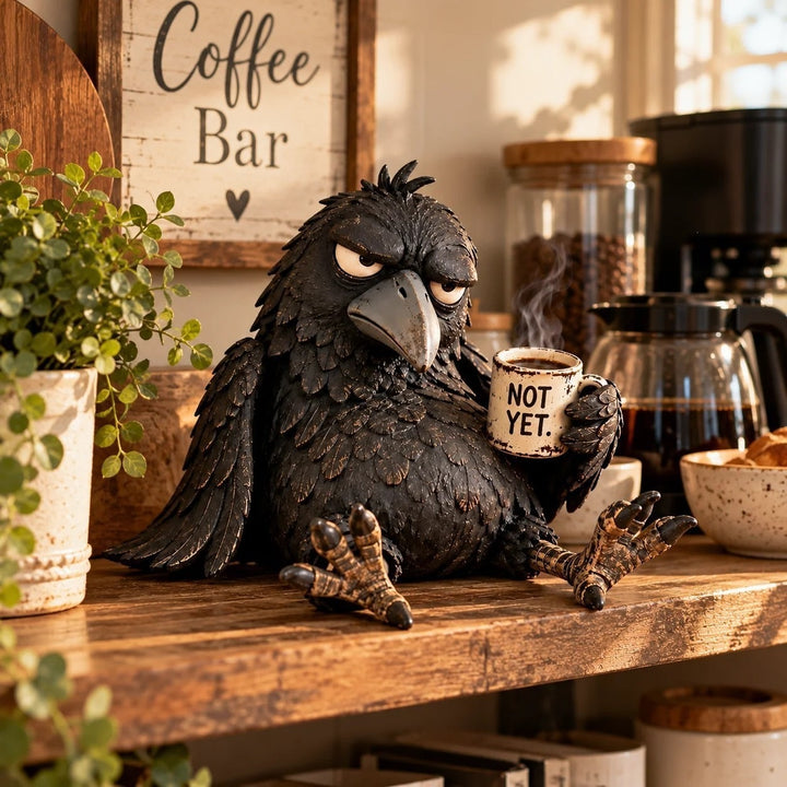 Quirky Raven Sculpture with Coffee Cup Kalsten