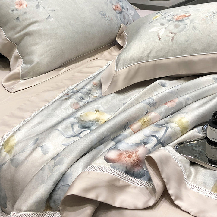Luxurious cotton satin bedding set with floral watercolor print and fine satin trim