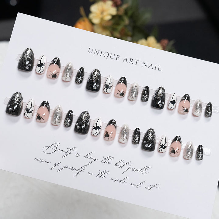 Artistic Press-On Nail Set with Spider and Web Design