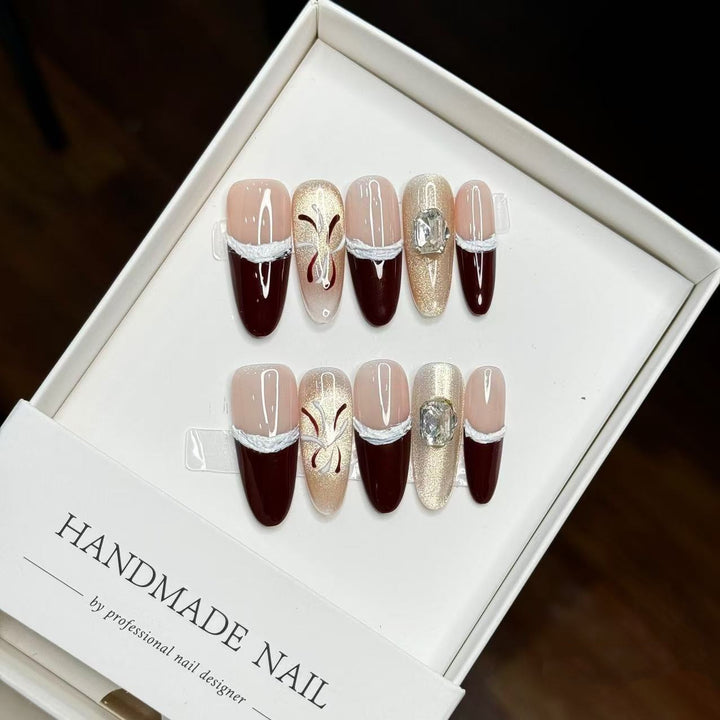 Artistic Press-On Nail Art Collection with Gem Accents
