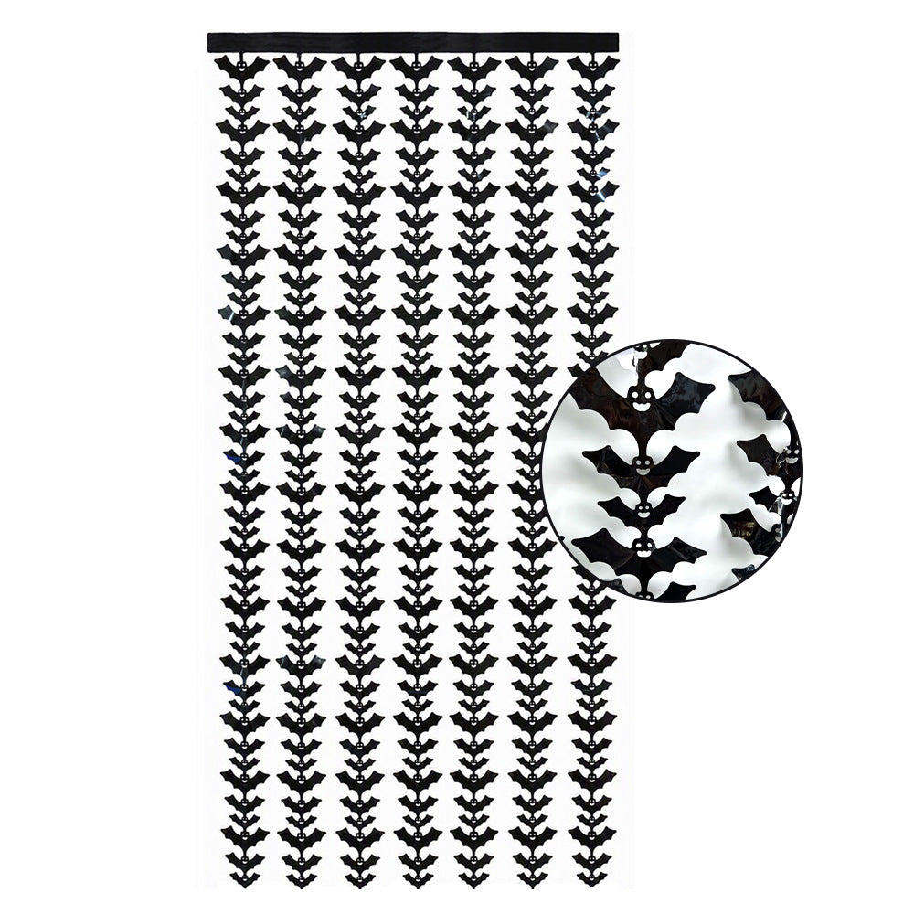 Hanging Halloween curtain made of metallic foil strips with bat silhouettes