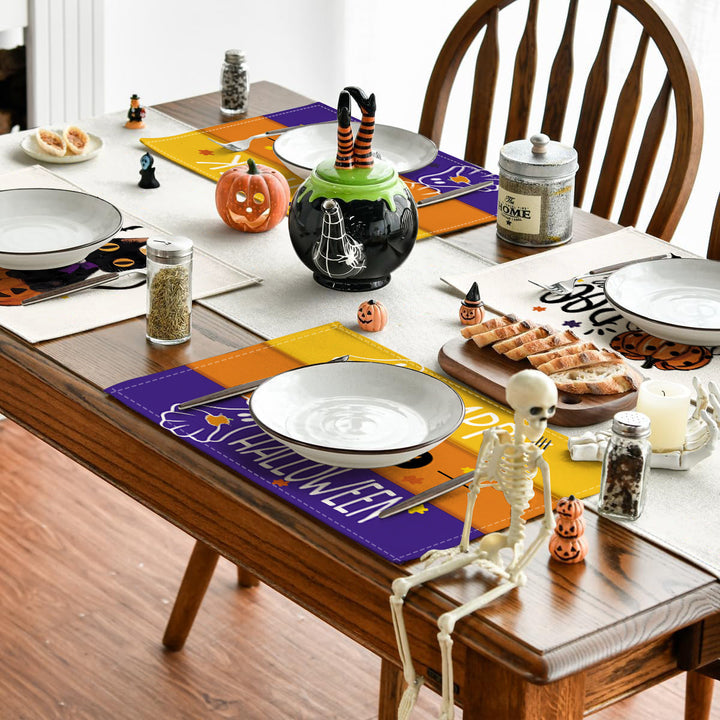 Multi-piece Halloween table set made of wipeable vinyl non-slip placemats