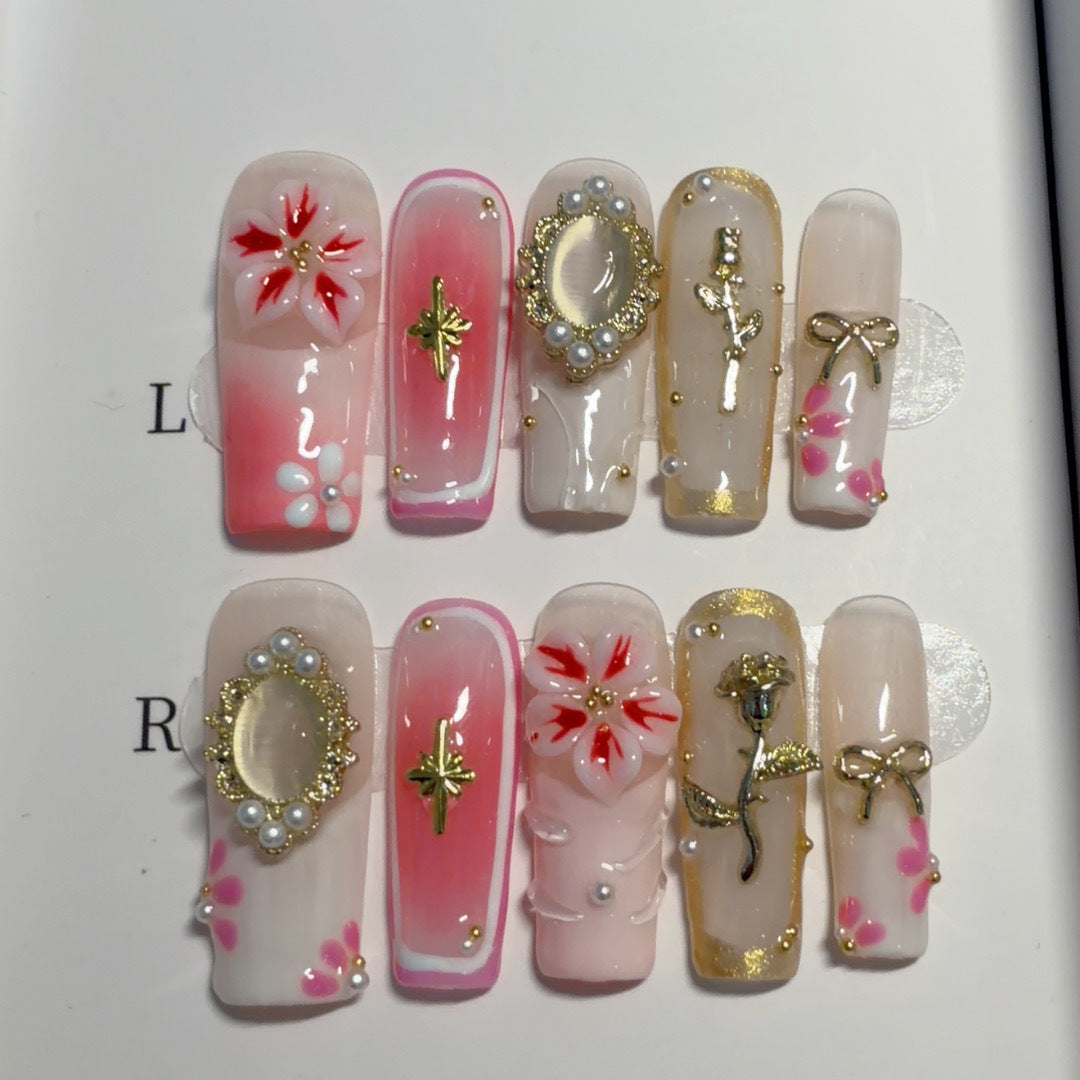 Elegant Floral Themed Press-On Nail Art Set
