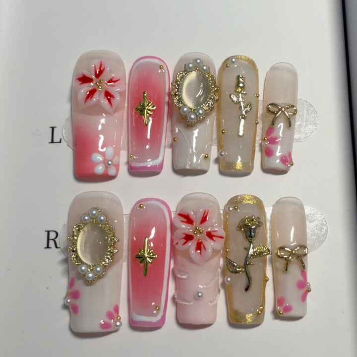 Elegant Floral Themed Press-On Nail Art Set