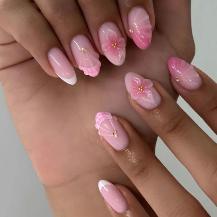 Artistic Floral Press-On Nail Art Set with Shell and Gem Accents Kalsten
