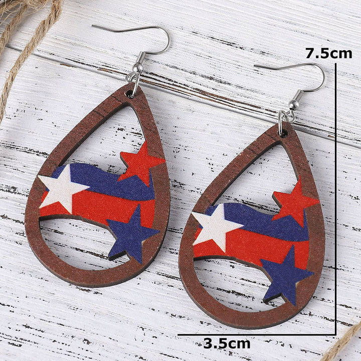 Women's nan patriotic teardrop wooden dangle earrings with star stripe cutout Kalsten