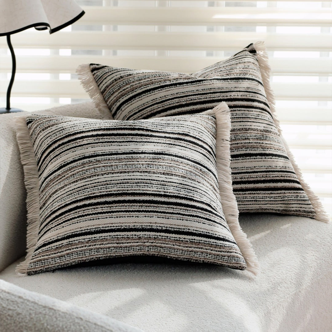Square Decorative Cushion Cover with Striped Boucle Structure and Fine Fringe Edge Kalsten