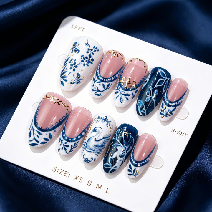 Elegant Floral and Swan Press-On Nail Design