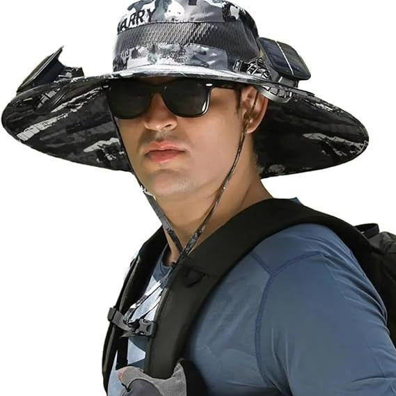 Sun Hat with Wide Brim for Outdoor Use, with Integrated Solar Cells and Adjustable Chin Strap Kalsten