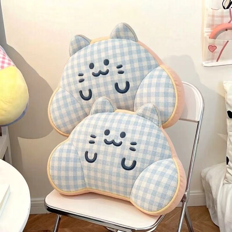 Ergonomic plush back support pillow with cat design and side armrests