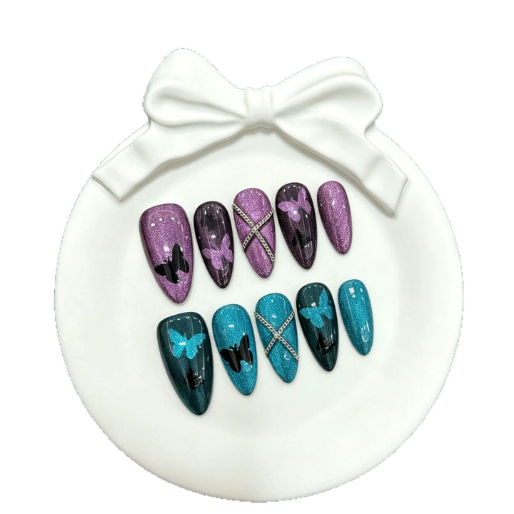 Artistic Press-On Nail Set with Butterfly Motifs
