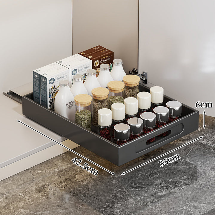 Slide-Out Cabinet Drawer Organizer Tray with Cutout Handle and Low-Profile Design