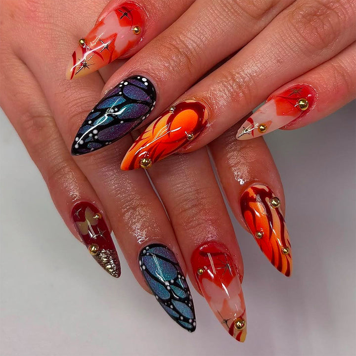 Artificial nails with creative butterfly design and glamorous accents Kalsten