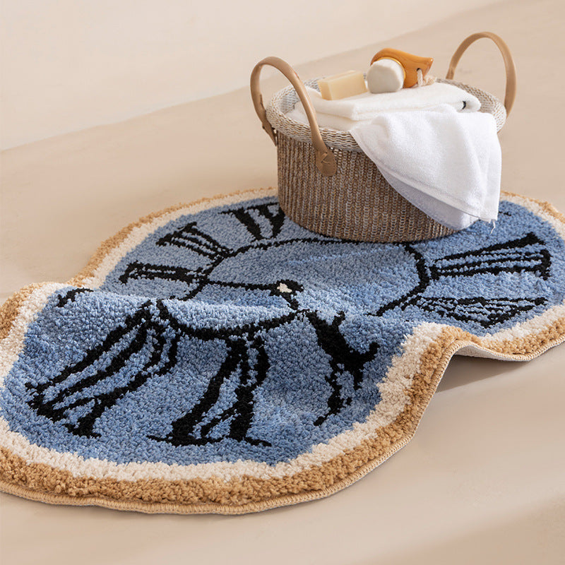 Tufted bathroom rug with abstract clock design and non-slip backing