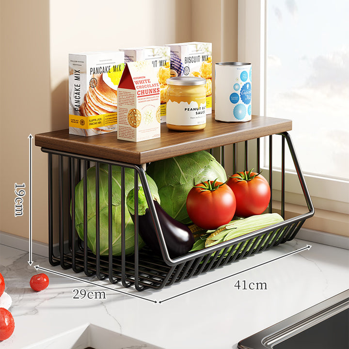 Countertop Wooden Top Metal Wire Fruit and Vegetable Storage Rack