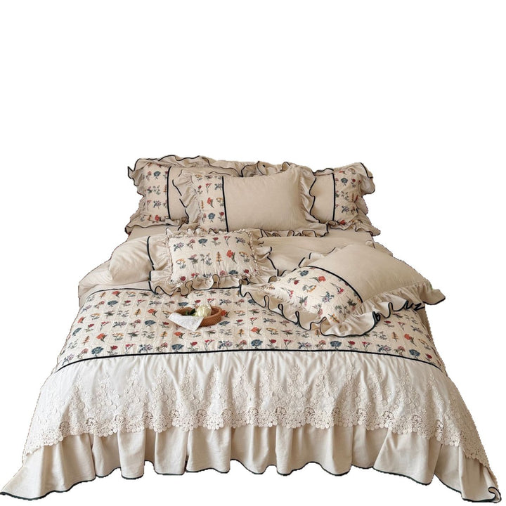 luxurious quilted bedspread set with embroidered lace and flounces